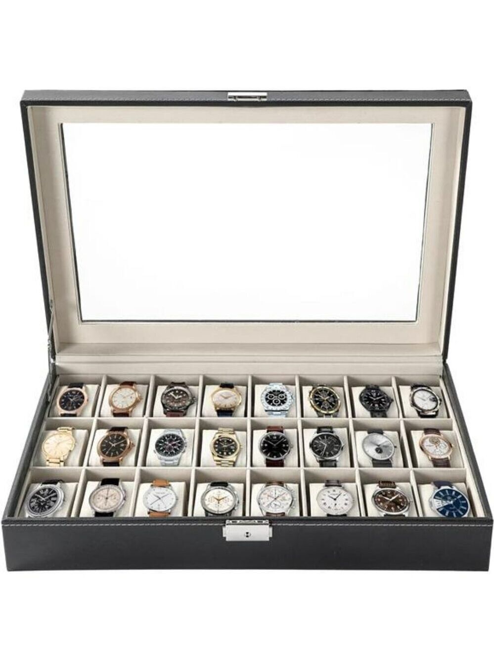 Watch Display Case 24 Slot Glass Top Organizer Faux Leather Jewelry Storage